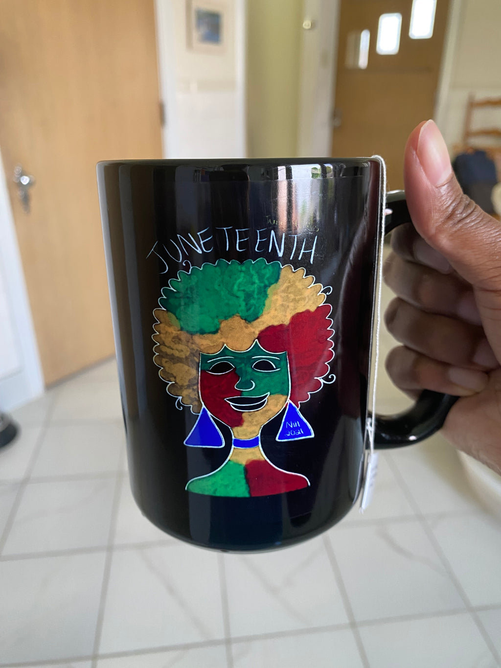 Juneteenth Afro Rainbow Face Mug | Black Ceramic Coffee Cup