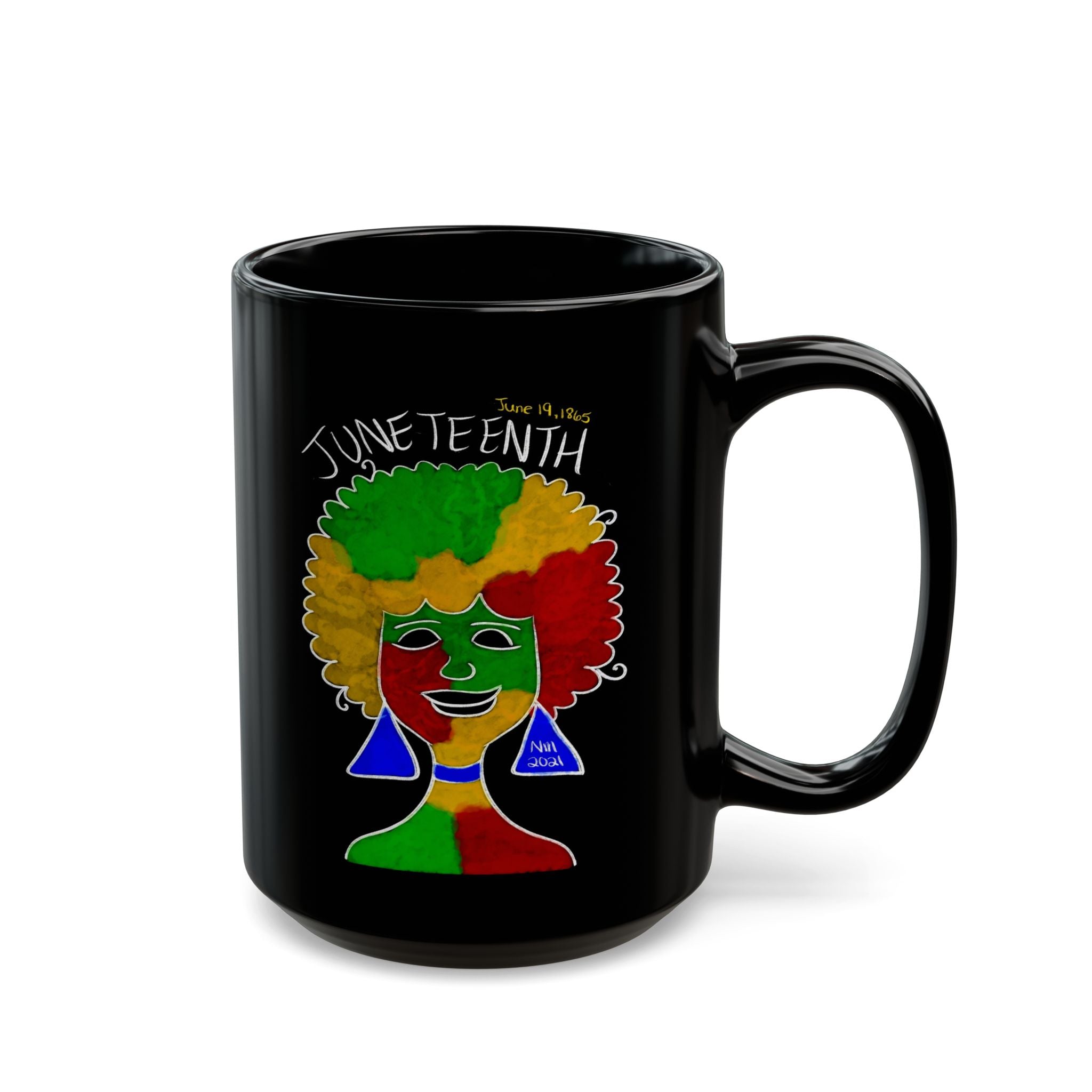 Juneteenth Afro Rainbow Face Mug | Black Ceramic Coffee Cup